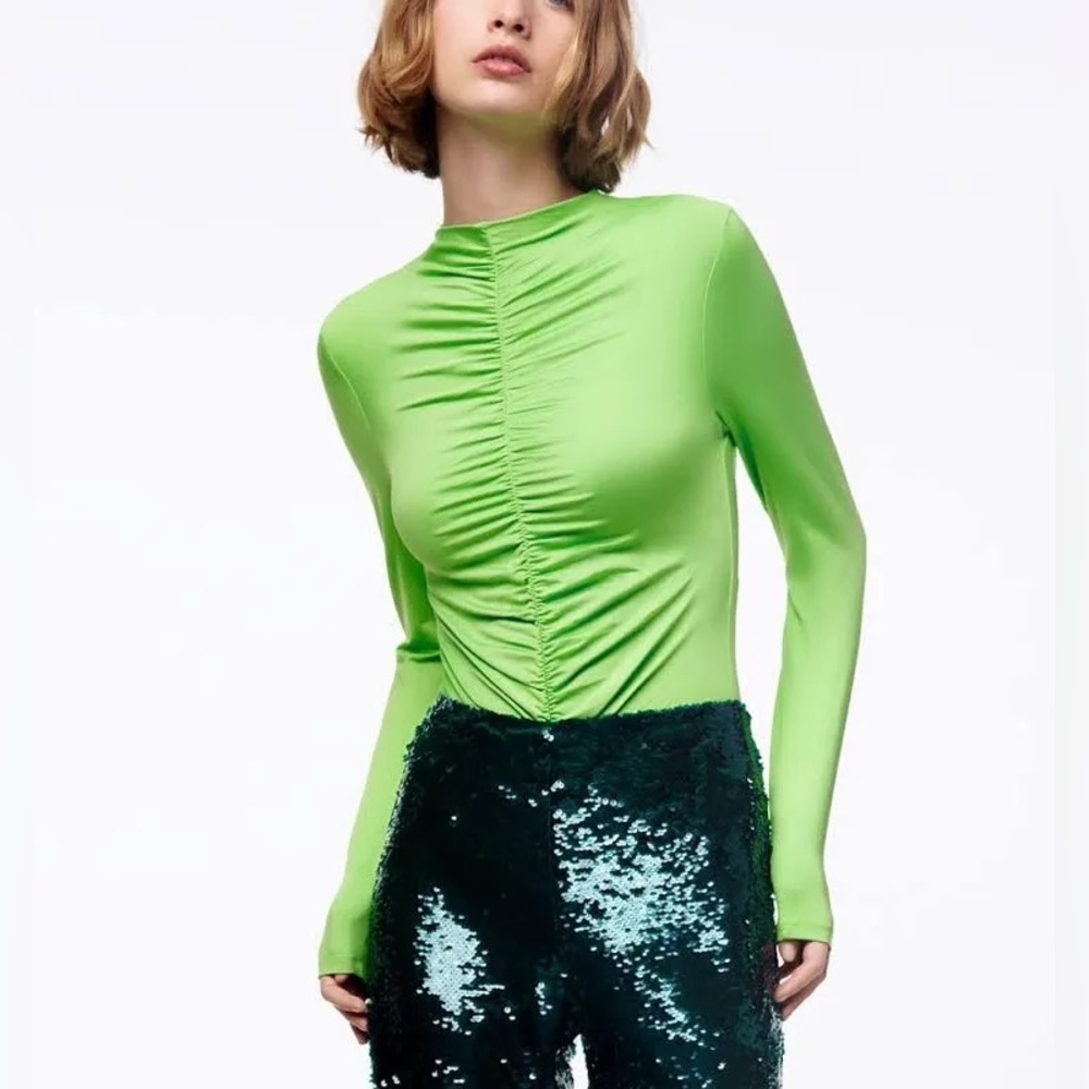 NWT Zara Ruched Green Long Sleeves Bodysuit